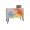 Manhattan Comfort Funky Avesta Side Table 2.0 with 3 Shelves in a White Frame with a Colorful Stamp Door